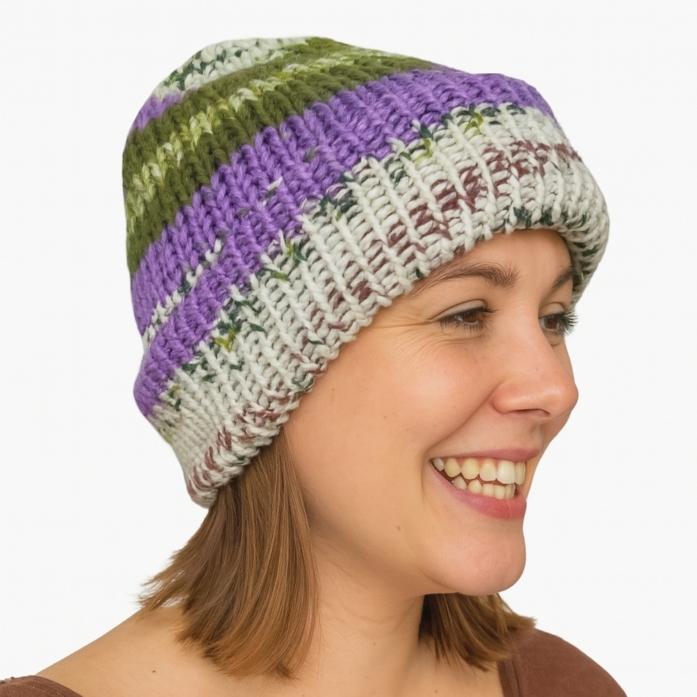 Hand Knit Adult Unisex Toque In White Purple Green